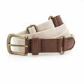 Introducing the AQ902 from Asquith & Fox: A chic beige fabric belt featuring classy brown leather accents and an antique brass buckle. The belt is expertly coiled, highlighting its robust material and fashionable design.