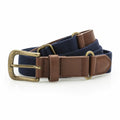 The Asquith & Fox AQ902 is a blue canvas belt featuring brown leather accents and a brass buckle, neatly rolled and displayed on a white background.