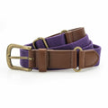 The AQ902 from Asquith & Fox is a coiled belt made of purple canvas with brown leather accents and a brass buckle, showcased against a white background.