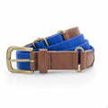 An Asquith & Fox AQ902 coiled blue fabric belt featuring brown leather accents and a brass buckle, displayed on a white background.