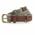 Introducing the Asquith & Fox AQ902, a beige fabric belt enhanced with brown leather accents and an antique brass buckle. This belt combines durability and style with its double loop and adjustable design.