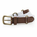 A coiled Asquith & Fox AQ902 belt featuring a white strap, brown leather accents, and an antique brass buckle on a white surface.