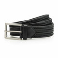 An AQ903 belt by Asquith & Fox, featuring a black woven design and a silver metallic buckle, displayed on a white background.