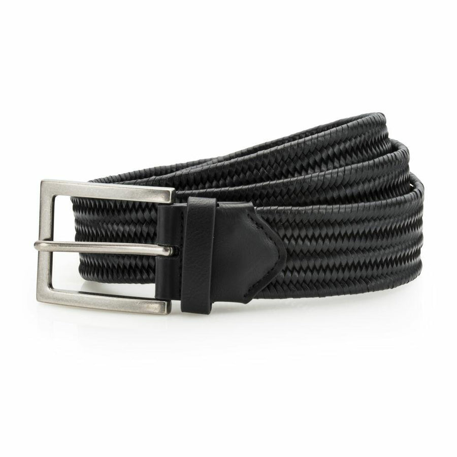 An AQ903 belt by Asquith & Fox, featuring a black woven design and a silver metallic buckle, displayed on a white background.