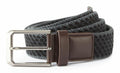 A coiled AQ905 gray fabric belt from Asquith & Fox, featuring a silver buckle and brown leather accents.