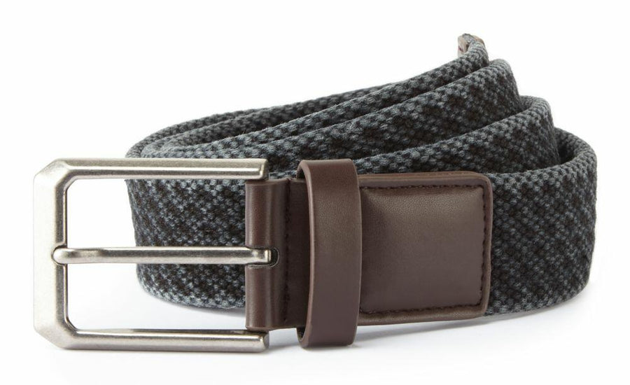 A coiled AQ905 gray fabric belt from Asquith & Fox, featuring a silver buckle and brown leather accents.