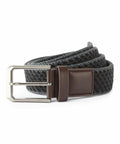 A stylish woven belt featuring a rectangular metallic buckle, and a brown leather strap near the buckle. The Asquith & Fox AQ905's intricate pattern consists of interwoven dark blue and light gray threads, giving it a textured and contemporary look.