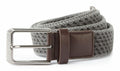 The AQ905 by Asquith & Fox is a coiled gray belt featuring a textured pattern and a metal buckle, along with a brown leather loop near the buckle for fastening.