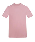 A solid light pink, short-sleeved T-shirt with a crew neck and no visible logos or designs is displayed on a white background.