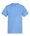 A plain light blue short-sleeve T-shirt with a crew neckline is shown on a white background, featuring no visible logos, patterns, or designs.