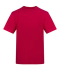 A solid red, short-sleeved crew neck T-shirt is displayed against a white background.
