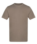 A plain, short-sleeved T-shirt crew neck in solid taupe is laid flat against a white background, unworn and with no visible logos or designs.