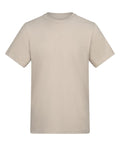 A solid light beige T-shirts product with short sleeves and a crew neck is centred on a white background. The T-shirt features no visible logos, designs, or patterns.