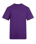 A solid purple, short-sleeved crew neck T-shirt is shown against a white background.