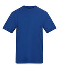 A solid royal blue, short-sleeved crew neck T-shirt is shown against a white background.