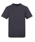 A dark grey, short-sleeved T-shirt crew neck is shown on a white background with no logos or patterns.