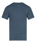 T-Shirts: A solid slate blue, short-sleeve, crew neck t-shirt is shown on a white background.