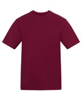 A plain maroon T-shirt with short sleeves and a round neckline is displayed against a white background, featuring no visible designs, logos, or patterns.