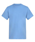 A T-shirt product in plain light blue with short sleeves is shown from the front on a white background, featuring no visible logos, designs, or patterns.