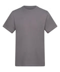 A solid grey, short-sleeve crew neck T-shirt is displayed flat from the front against a white background, showing no visible logos or designs.