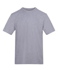 A light grey, short-sleeved T-shirt crew neck with no logos or patterns is displayed on a white background.