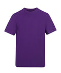 A T-shirts product featuring a plain, short-sleeved, crew neck design in solid purple is shown against a white background.