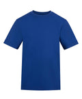 A solid royal blue T-shirt with short sleeves and a crew neck is shown against a white background.