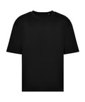 A T-shirts product with a plain black colour, short sleeves, crew neckline, and relaxed fit is displayed against a white background.
