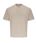 T-Shirts: Plain beige short-sleeve crew neck with relaxed fit, shown on a white background. No logos, patterns, or embellishments.