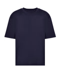 A navy blue, short-sleeved crew neck T-shirt is shown against a white background, featuring a plain design with no visible logos or patterns.