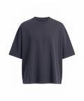 A loose-fitting, short-sleeve dark grey T-shirt is shown against a white background.