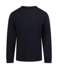 A plain black long-sleeve crew neck T-shirt is displayed on a white background, featuring no visible logos, patterns, or embellishments.