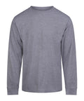 A grey long-sleeve crew neck T-shirt is shown from the front on a white background, featuring a plain design with no visible logos or graphics.