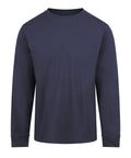 A navy blue, plain long-sleeve crew neck T-shirt is shown against a white background with no visible logos, patterns, or designs.