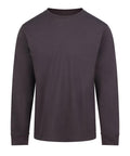 A solid dark grey, long-sleeved crew neck T-shirt with no logos or patterns, displayed on a white background.