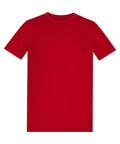 A plain, short-sleeved T-shirt in red is laid flat on a white background, featuring a round neckline with no visible logos or designs.