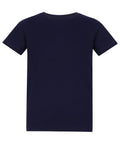 A navy blue T-Shirts product is displayed laid flat with the back side facing up, featuring short sleeves, a crew neckline, and no visible designs or logos.
