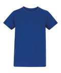 A solid blue T-shirts product with a crew neck and short sleeves is displayed on a white background. The shirt appears to be made of cotton and has no logos, patterns, or designs.