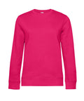 A plain, bright pink sweatshirt crew neck with long sleeves and ribbed cuffs and hem is displayed against a white background, featuring no visible logos, patterns, or designs.