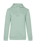 A light green hooded sweatshirt with a hood, front pocket, drawstrings, and long sleeves is shown against a white background.