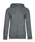 The Hoodies: a heather grey zip-up with front zip, two side pockets, drawstring hood, and long sleeves, shown on a white background.