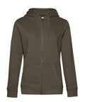 The Hoodies is an olive-green zip-up hoodie featuring a front zip, adjustable drawstring hood, and two front pockets, shown against a white background.