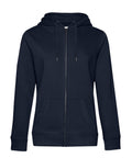 A zip-up hoodie in plain dark navy blue, featuring a hood, front pockets, and drawstrings, shown on a white background.