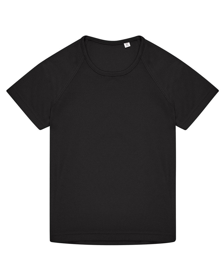 A black T-shirt short-sleeve crew neck T-shirt is laid flat on a white background with no visible logos or designs.