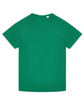 A T-shirts product in plain green with short sleeves and a round neckline is laid flat on a white background, featuring no visible logos, patterns, or designs.