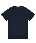 A navy blue, short-sleeved T-shirt with a round neckline is laid flat on a white background, seen from above. The shirt is plain with no visible logos or designs. Product: T-shirts.