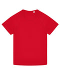 A T-shirt product in solid red with short sleeves and a crew neckline is laid flat on a white background, featuring no visible logos or designs.