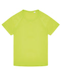 A lime green short-sleeve T-shirt with a crew neck and mesh fabric is laid flat on a white background. The design is simple and unadorned.