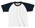 A B&C Collection B111B raglan t-shirt featuring a white body and black sleeves, displayed flat against a white background.