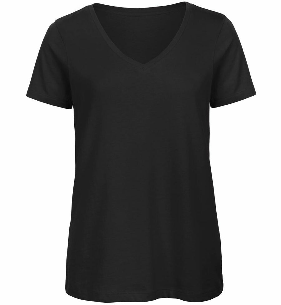 B119F by B&C Collection - a black V-neck T-shirt featuring short sleeves, showcased against a plain white background.